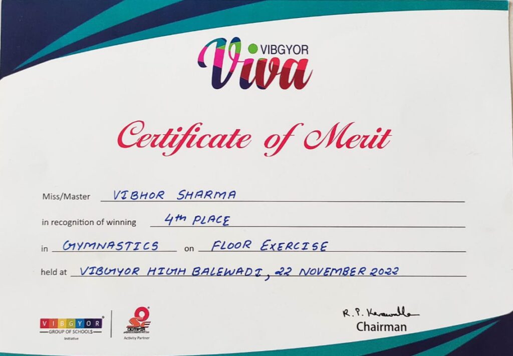 VIBGYOR, VIVA Vibhor Sharma secured 4th place in Gymnastics held at VIBGYOR HIGH BALEWADI,22 Nov.22
