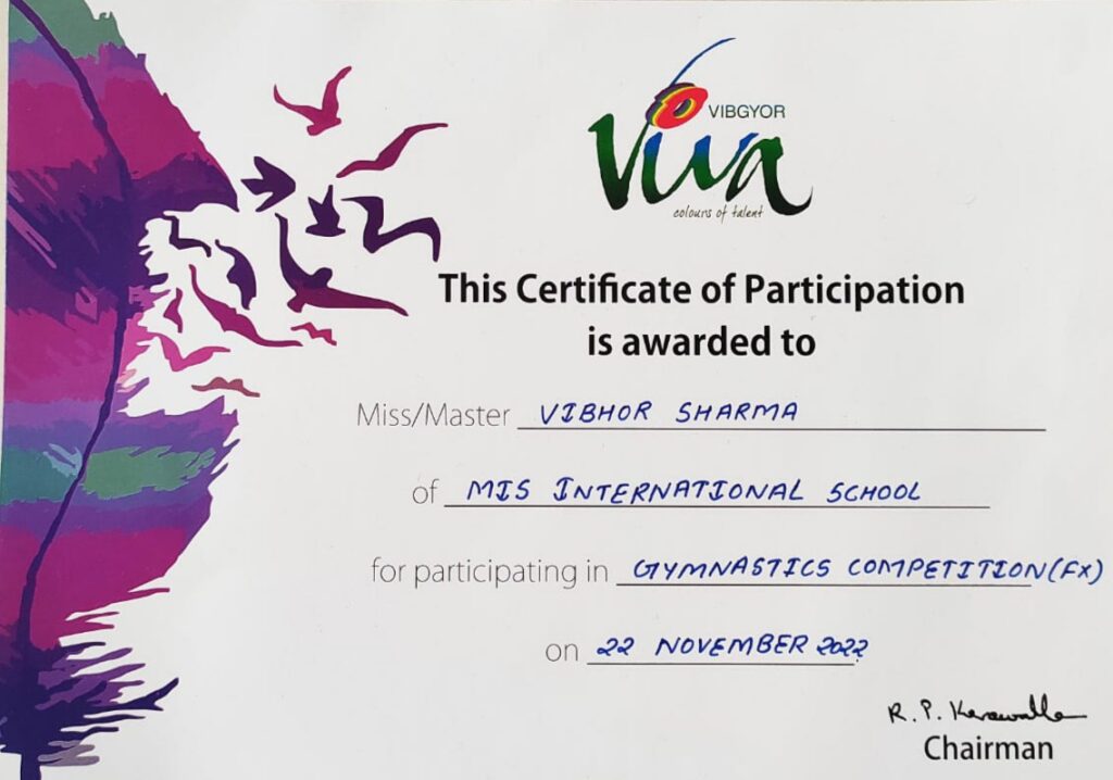 Participation certificate of Vibhor Sharma in Gymnastics held at VIBGYOR High School,